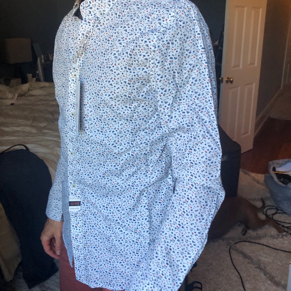 NWT Denim & Flower White Blue Floral Mens Shirt M